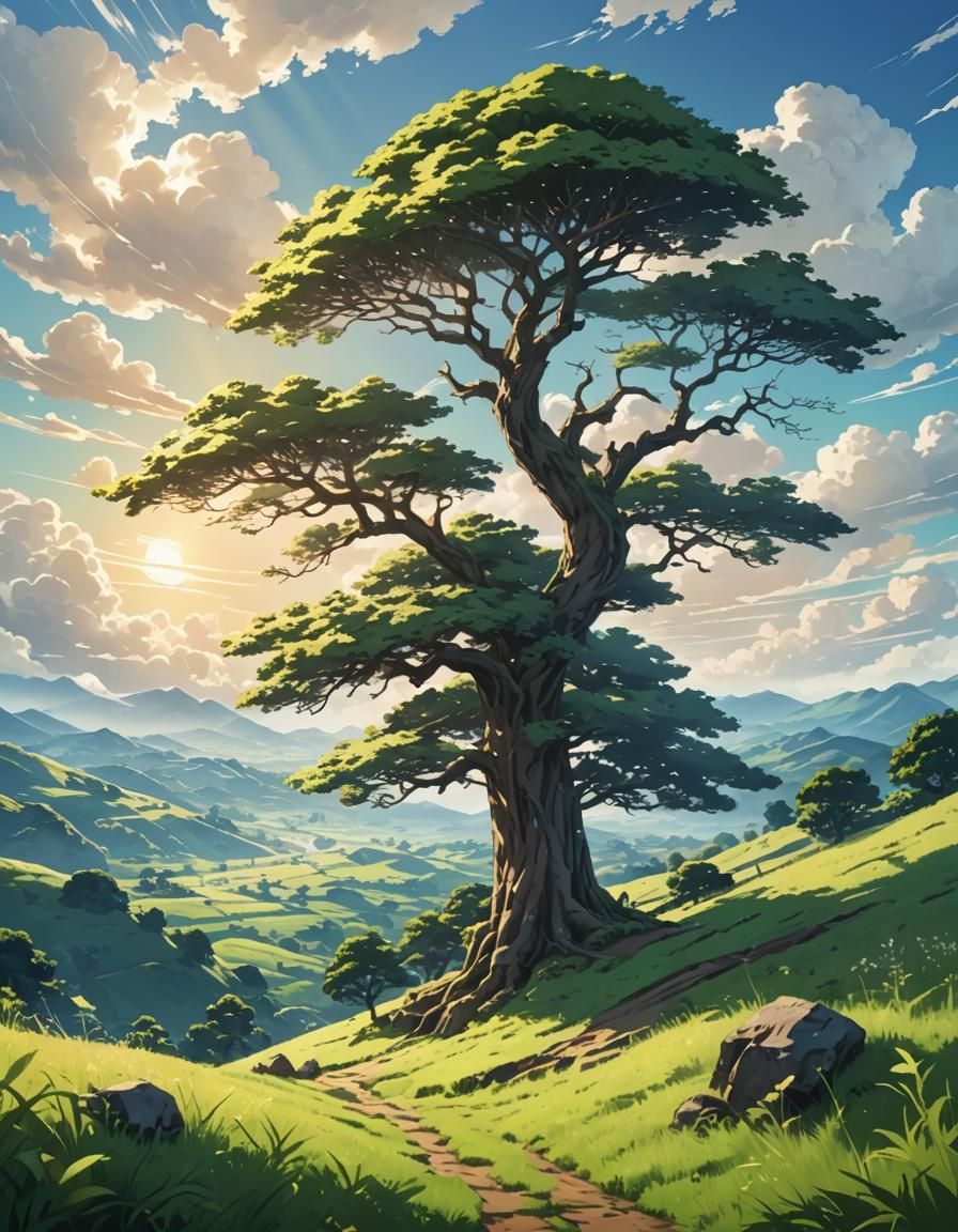 Calm Anime Bonsai Tree in Morning Sunlight