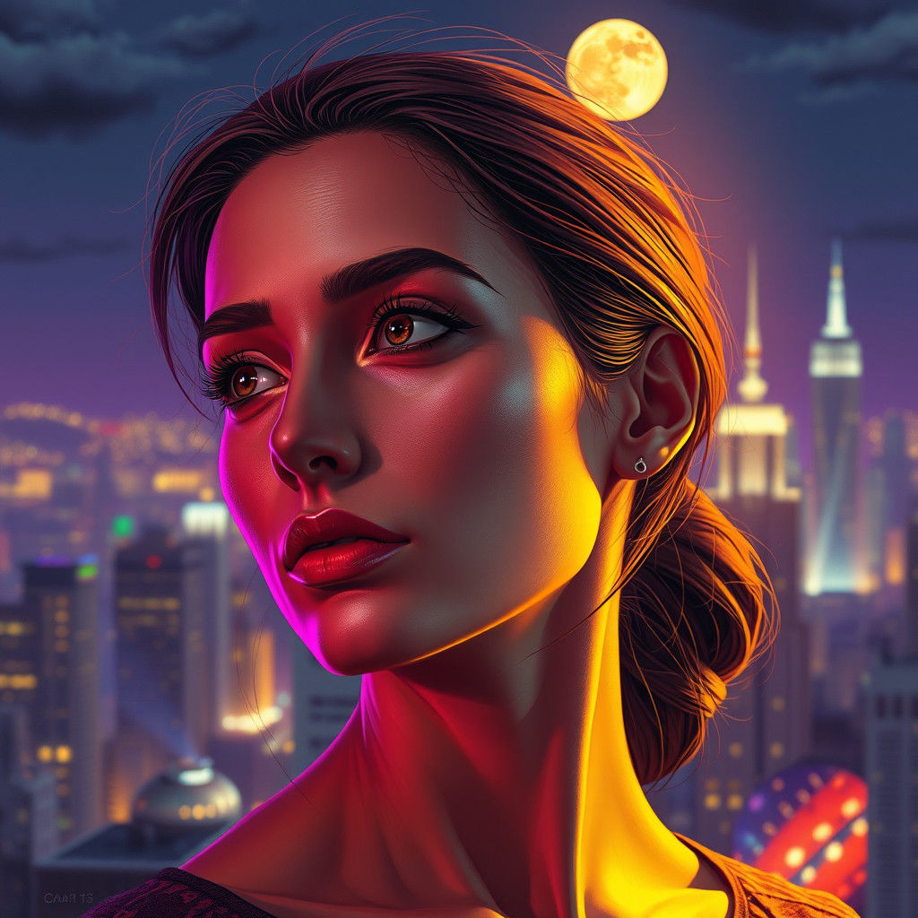 Contemplative Woman in Plum-Colored Cyberpunk Cityscape