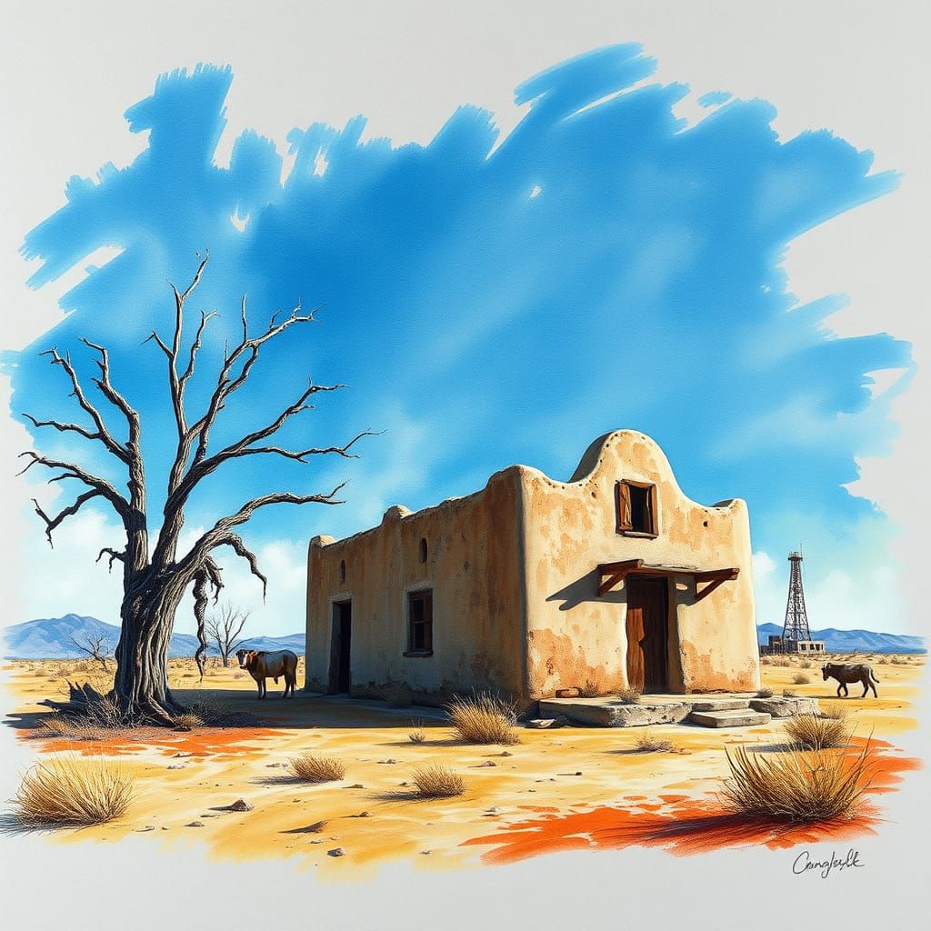 Abstract Adobe House in Desert Charcoal Drawing