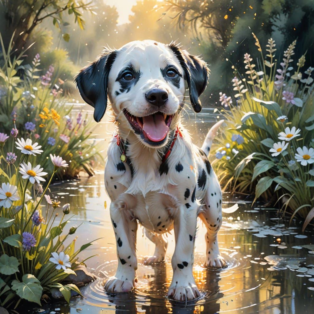Dalmatian Puppy Laughing in Enchanted River Garden