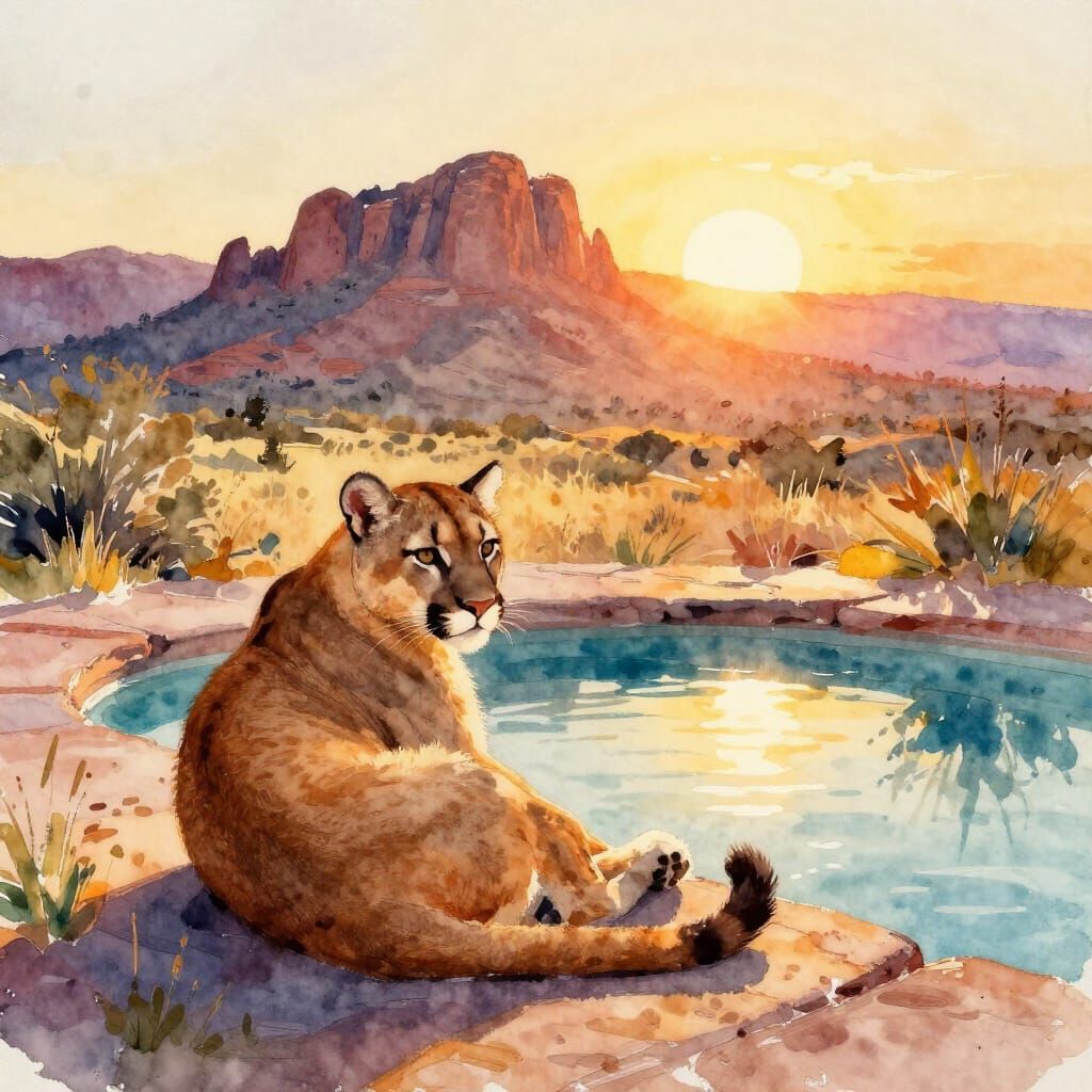 Mountain Lion Basking at Sunrise in Watercolor Style