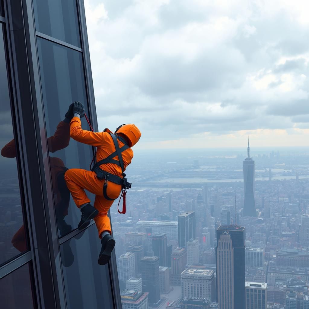 Futuristic Window Cleaner on Skyscraper in Illustration Styl...