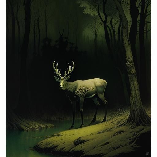 Girl, Shark Attack, and Stag Antlers in Street Art Style