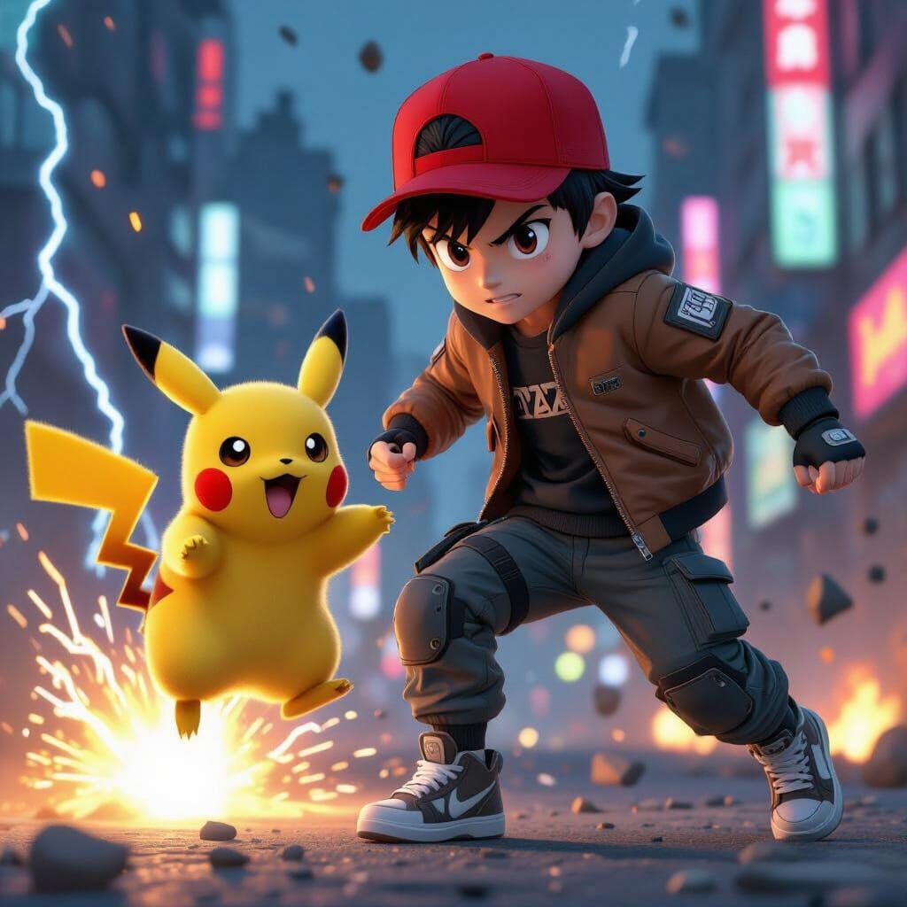Anime Boy and Pikachu in Urban Battle