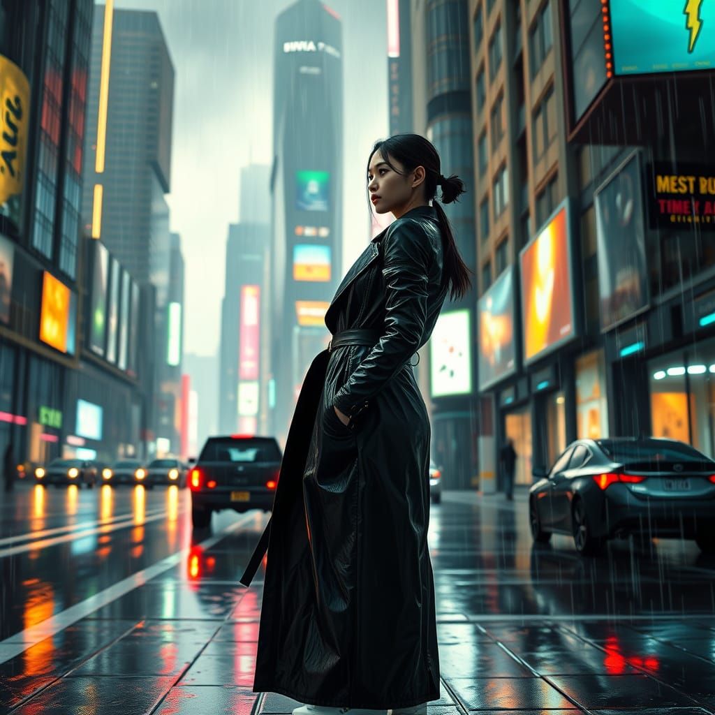 Cyberpunk Goddess Illuminates Rainy Cityscape in Neon Glow