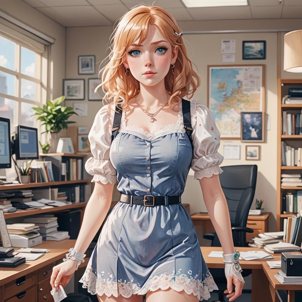 Anime Woman in Office: Miyazaki-Inspired Illustration