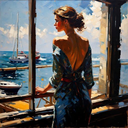 Woman at Window Gazing at Sea: Impressionist Oil Painting