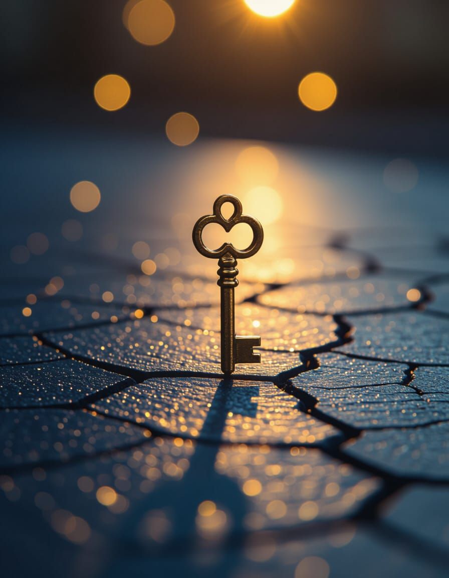 Antique Golden Key Floating in Elegant Light