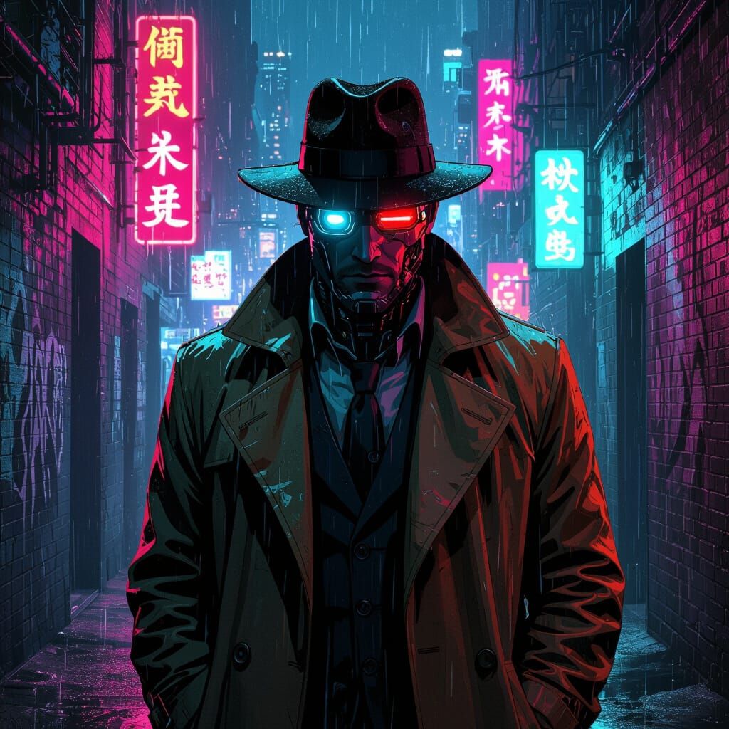 Cyberpunk Detective in Rain-Slicked Alleyway