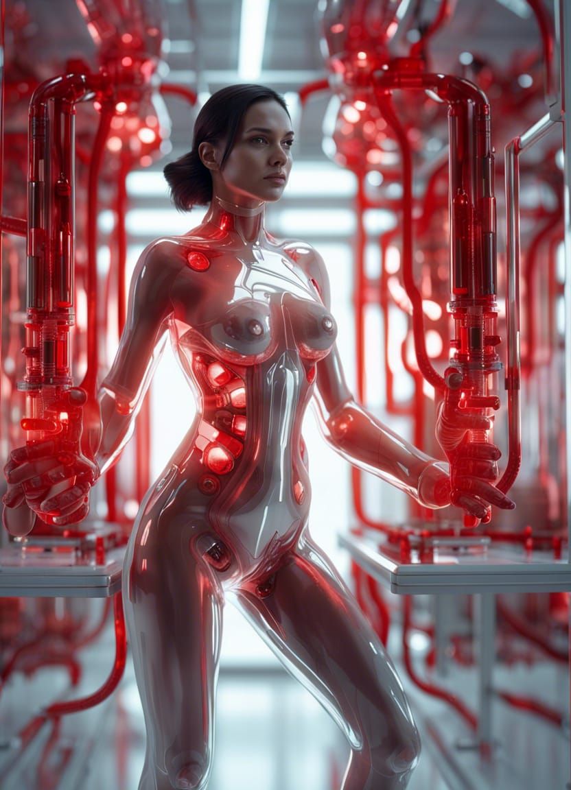 Bioluminescent Woman in Plexiglass: Sci-Fi Laboratory