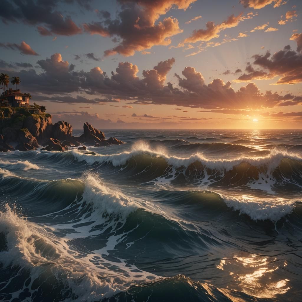 Hyperrealistic Ocean Sunset: Detailed Matte Painting