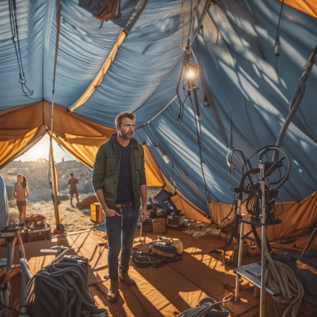 Handsome Man in Tent, Detailed Camping Scene