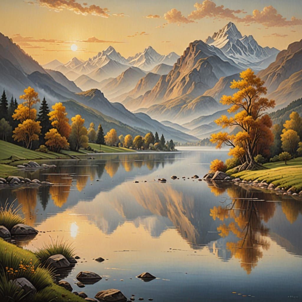 Serene Lake Landscape in Classical Oil Painting Style