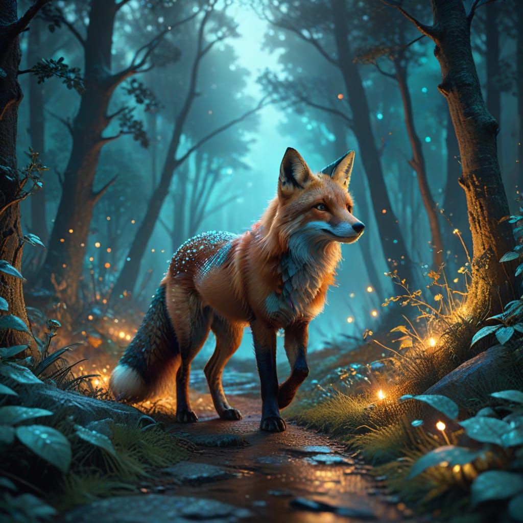 Fox Walks Forest Path Under Star in Digital Painting Style
