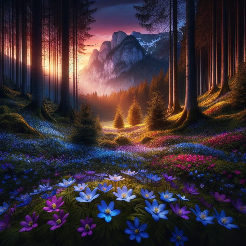 Twilight Spring Wildflowers Amidst Enchanted Mountains