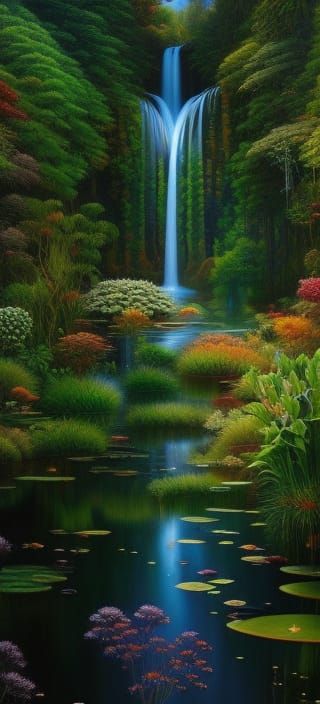 Surreal Disney Waterfall in Hyperdetailed Oil Painting