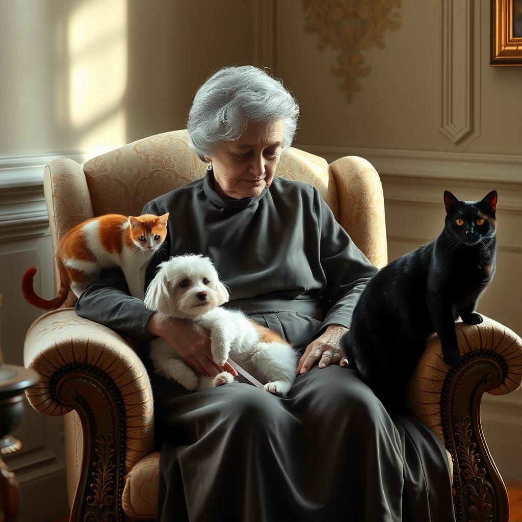 Serene Interior Scene with Woman, Poodle and Cats