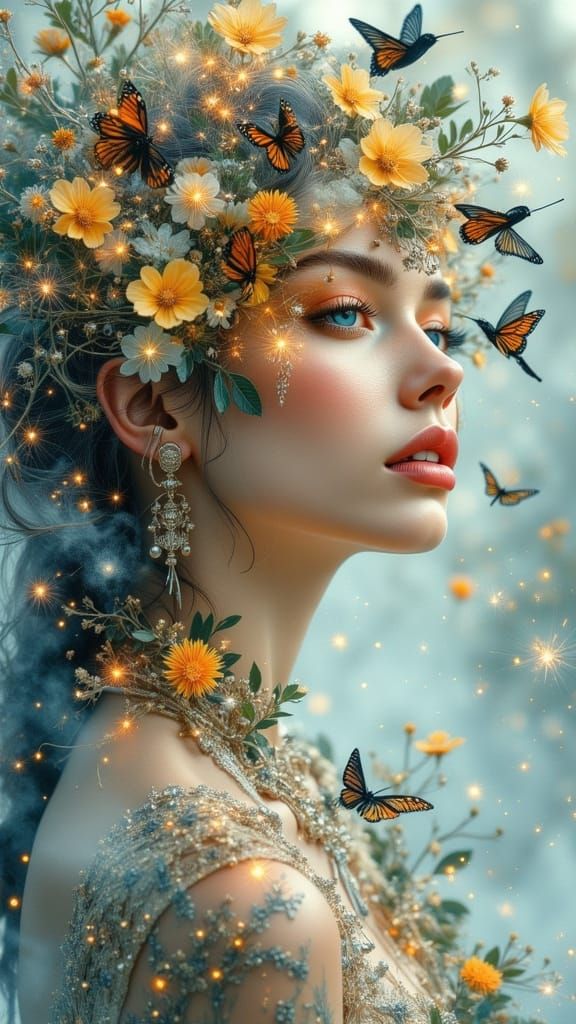 Ethereal Woman Adorned with Nature and Music