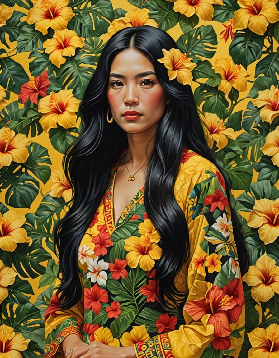 Woman in Hawaiian Dress with Hibiscus Flowers