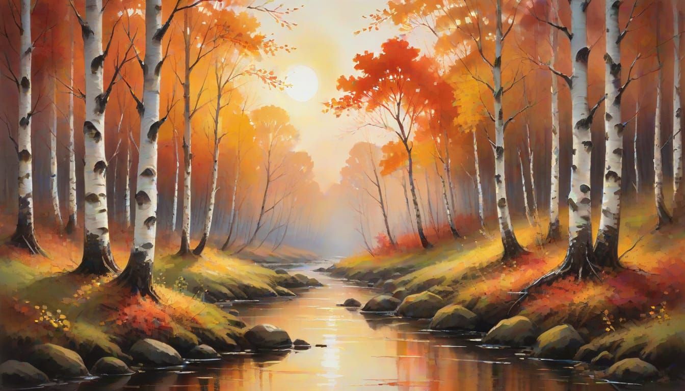 Autumn Birch Forest in Rococo Impressionist Style