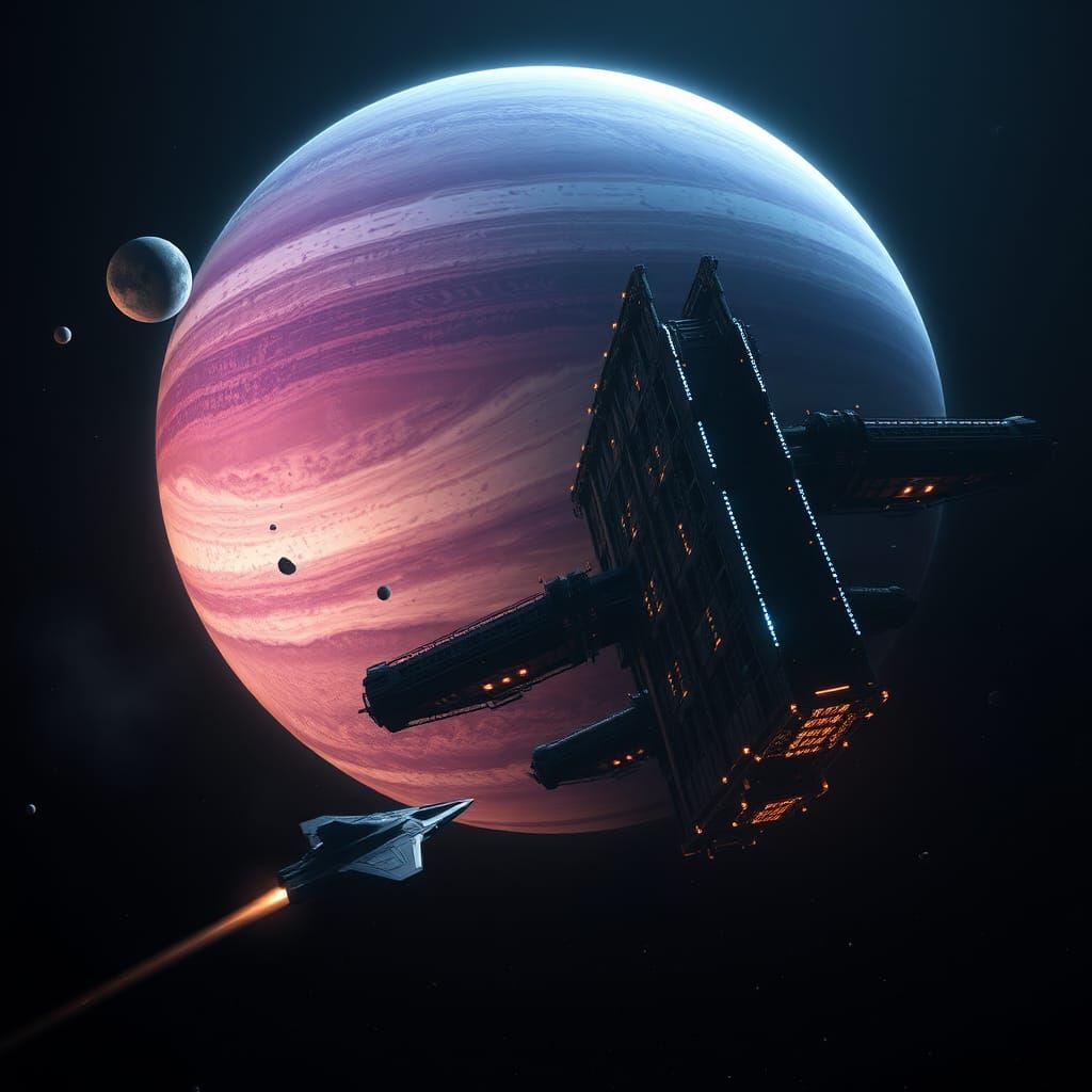 Spaceship Journey to Space Station on Gas Giant