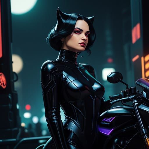 Sensual Catwoman On Motorbike In Neon Gotham City