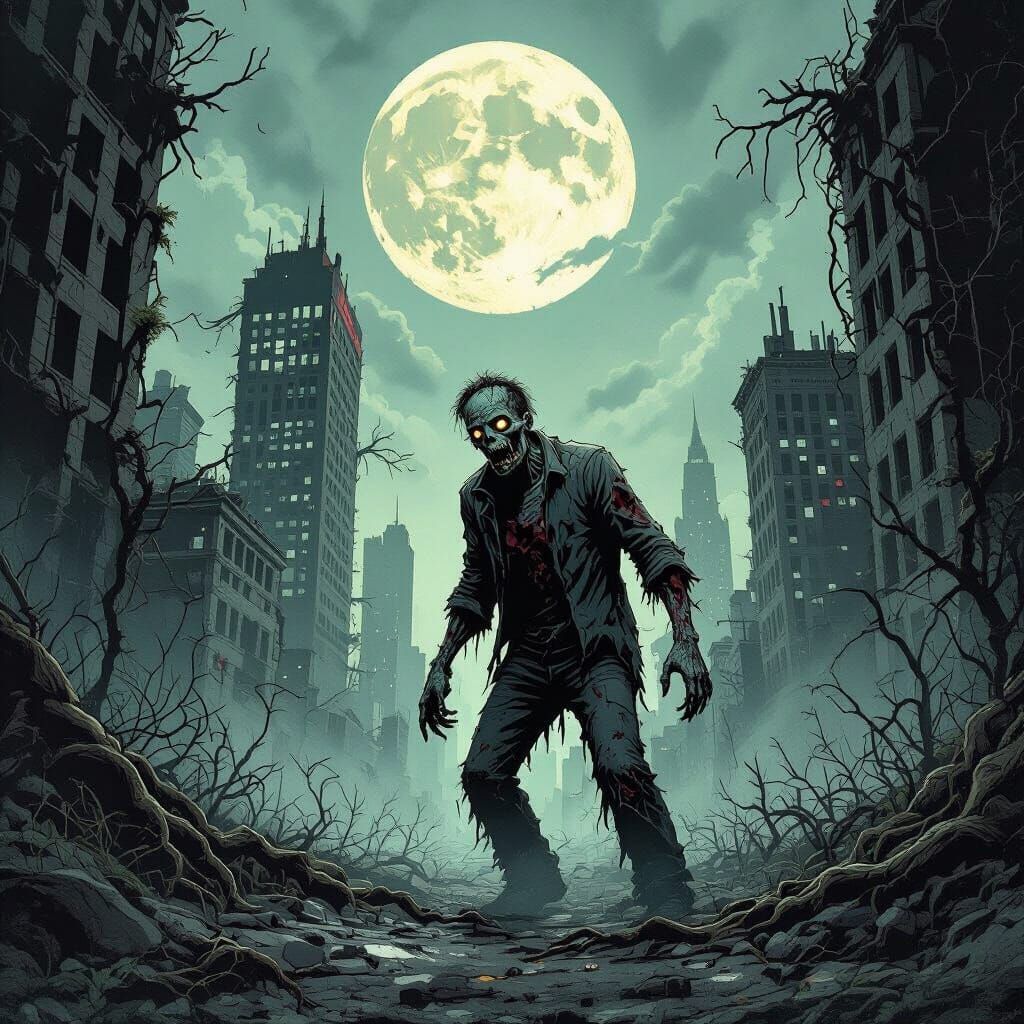 Desolate Cityscape with Tattered Zombie Under Broken Moon
