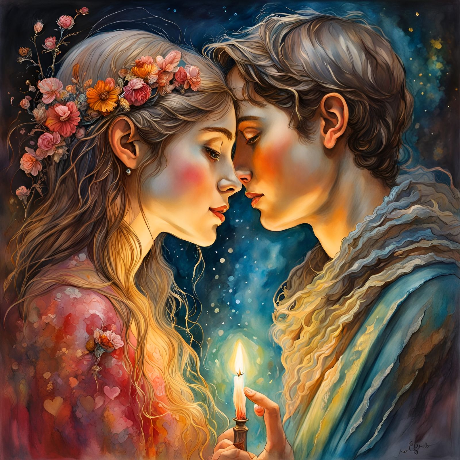 Enamored Couple in Storybook Watercolor Illustration