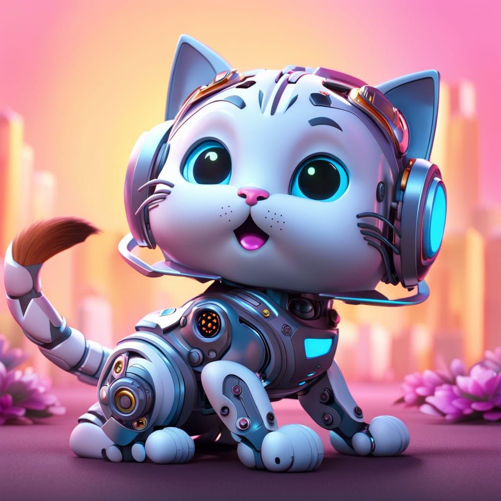 Kawaii Robot Kitten in 3D Digital Art