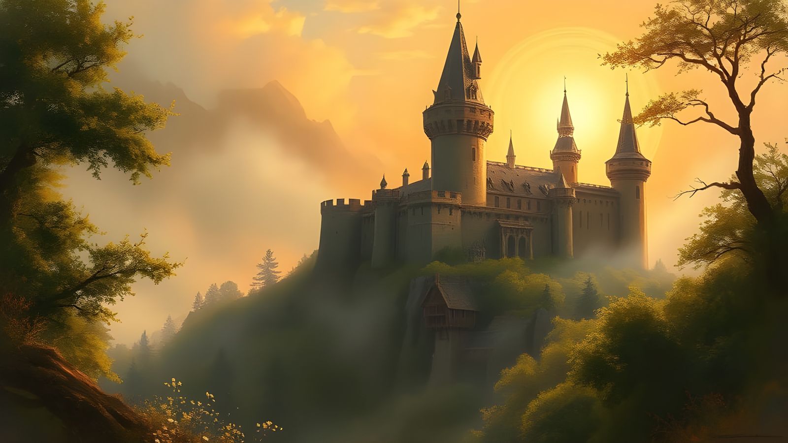 Medieval Castle in Golden Light, Dinotopia-Inspired Landscap...