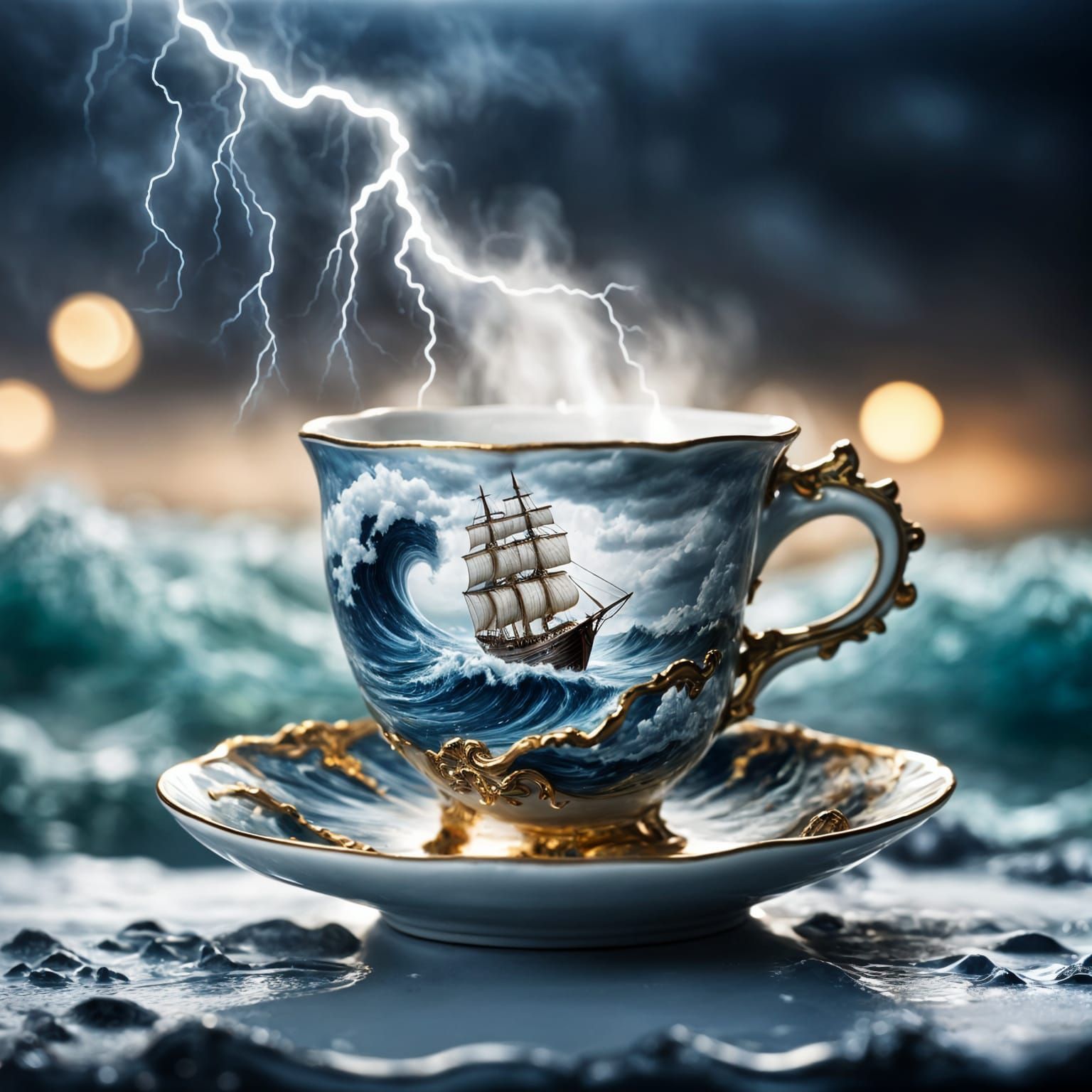 Miniature Stormy Seascape in Ornate Teacup