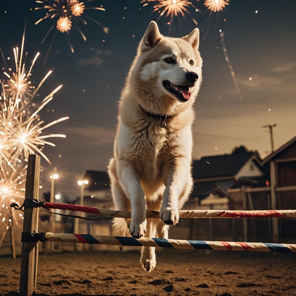 Husky Dog Agility with Fireworks in Cinematic Style