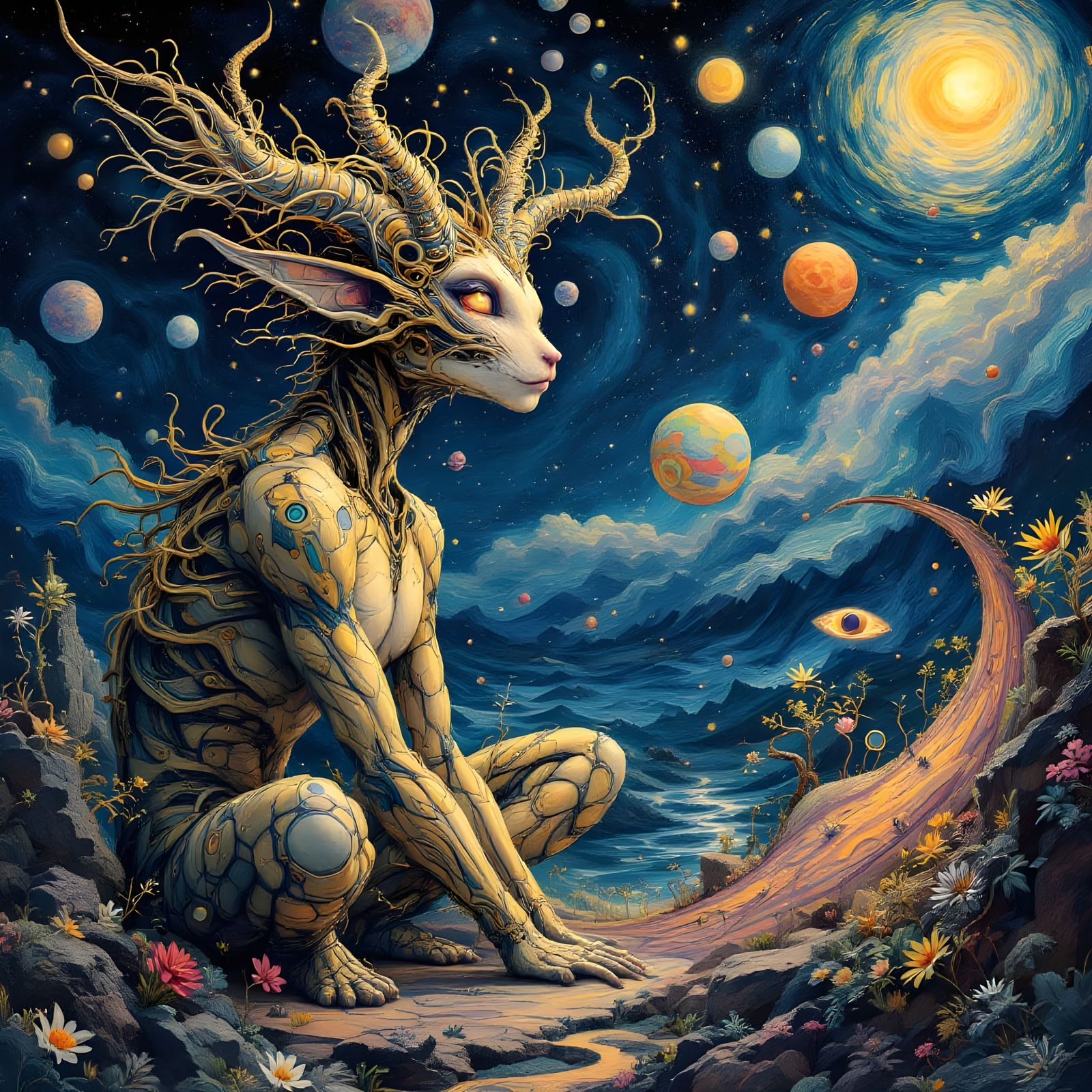 Dreamlike Cosmic Scene with Fantastical Creature