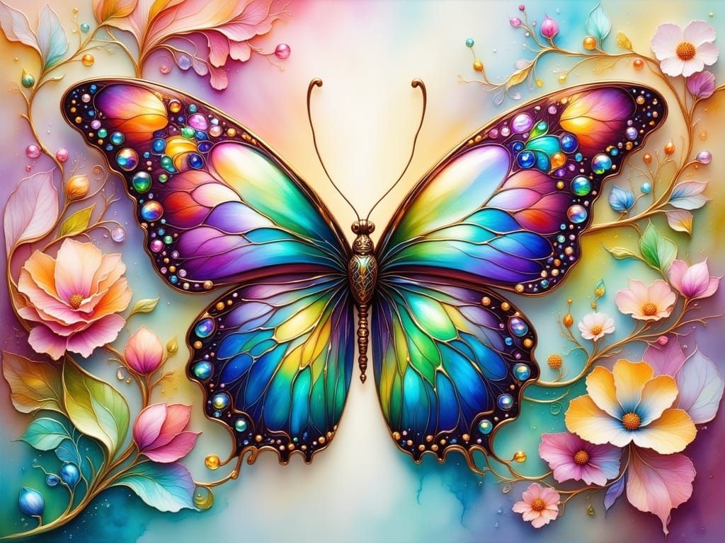 Iridescent Butterfly in Flight with Alcohol Ink Art
