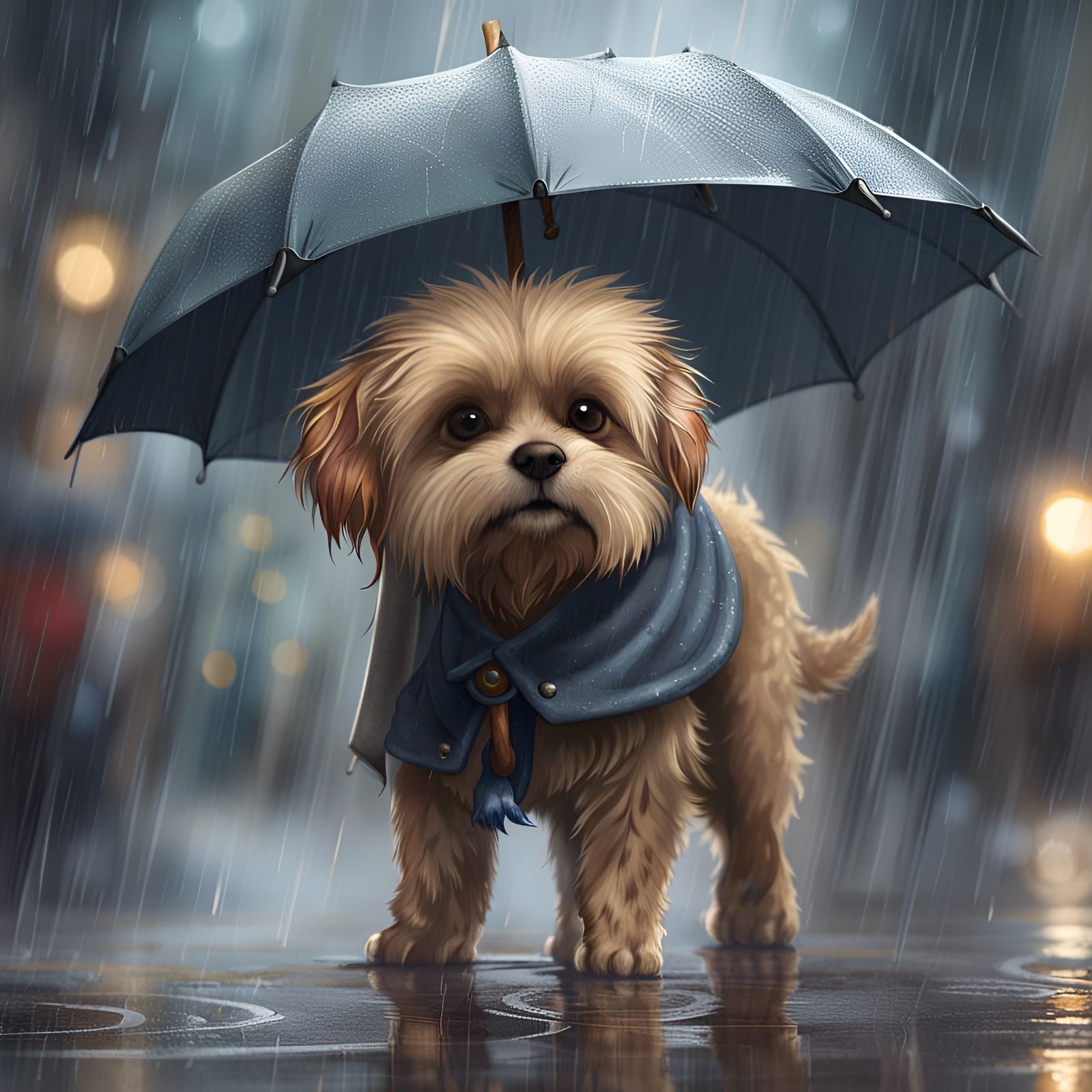 Dog with Umbrella in City Rain, Detailed Digital Art
