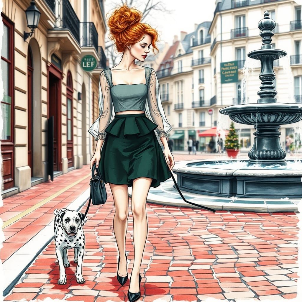 A beautiful woman with porcelain skin and blond red curly hair, bun, messy, exuding elegance and poise, walking throu...