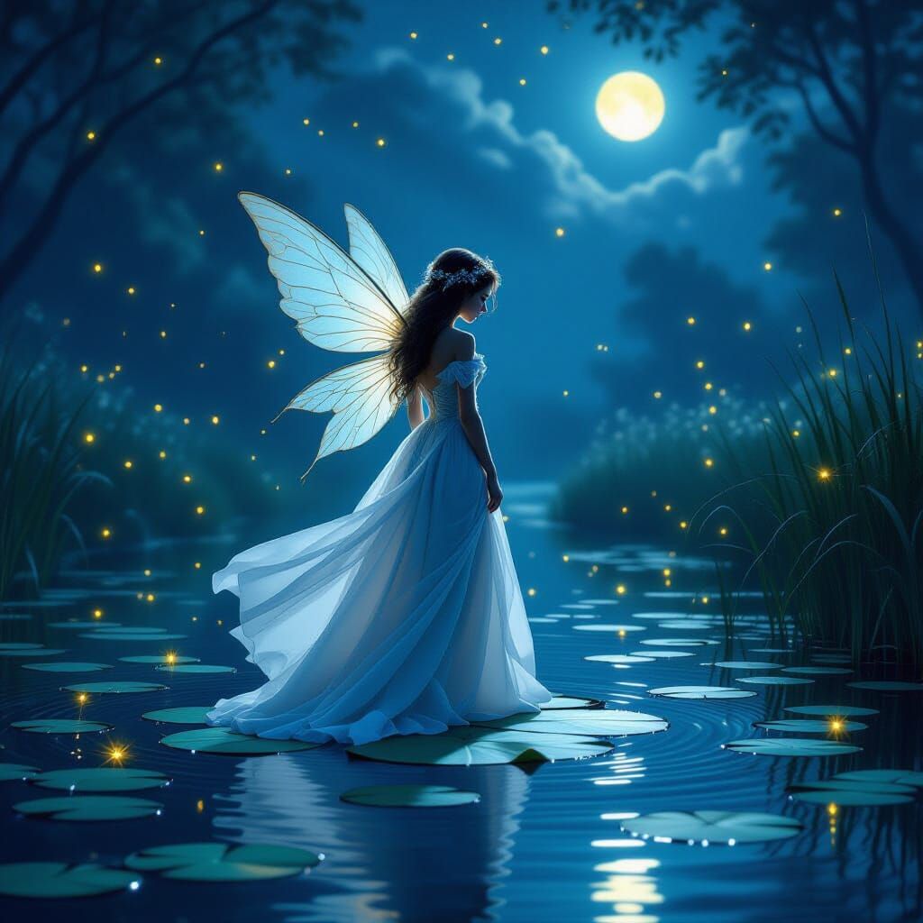 Fairy Shines Over Pond Amidst Fireflies