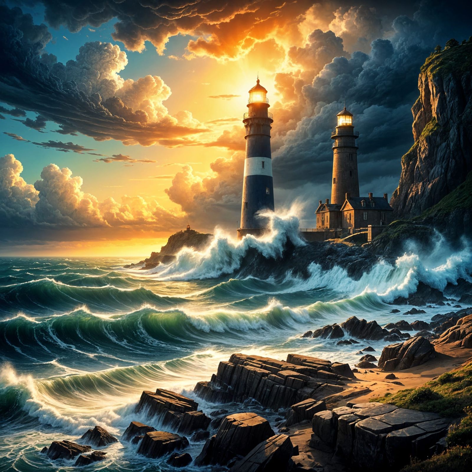 Luminous Lighthouse Over Turquoise Waters at Dusk