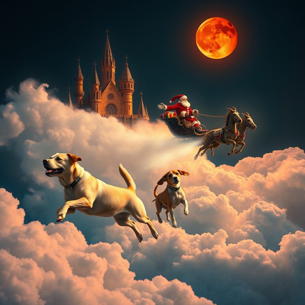 Golden Retrievers and Beagles Soar through Ethereal Clouds w...