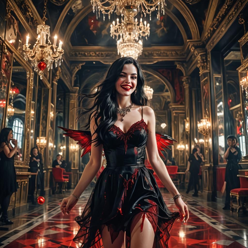 Vampire Woman in Mirrored Ballroom: Oil Painting