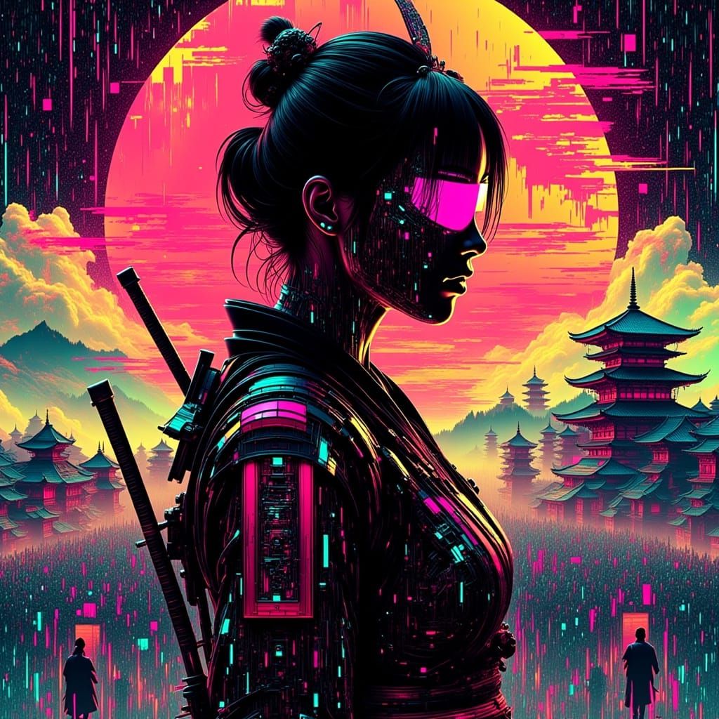 Cyberpunk Samurai Warrior in Glitch Art Style