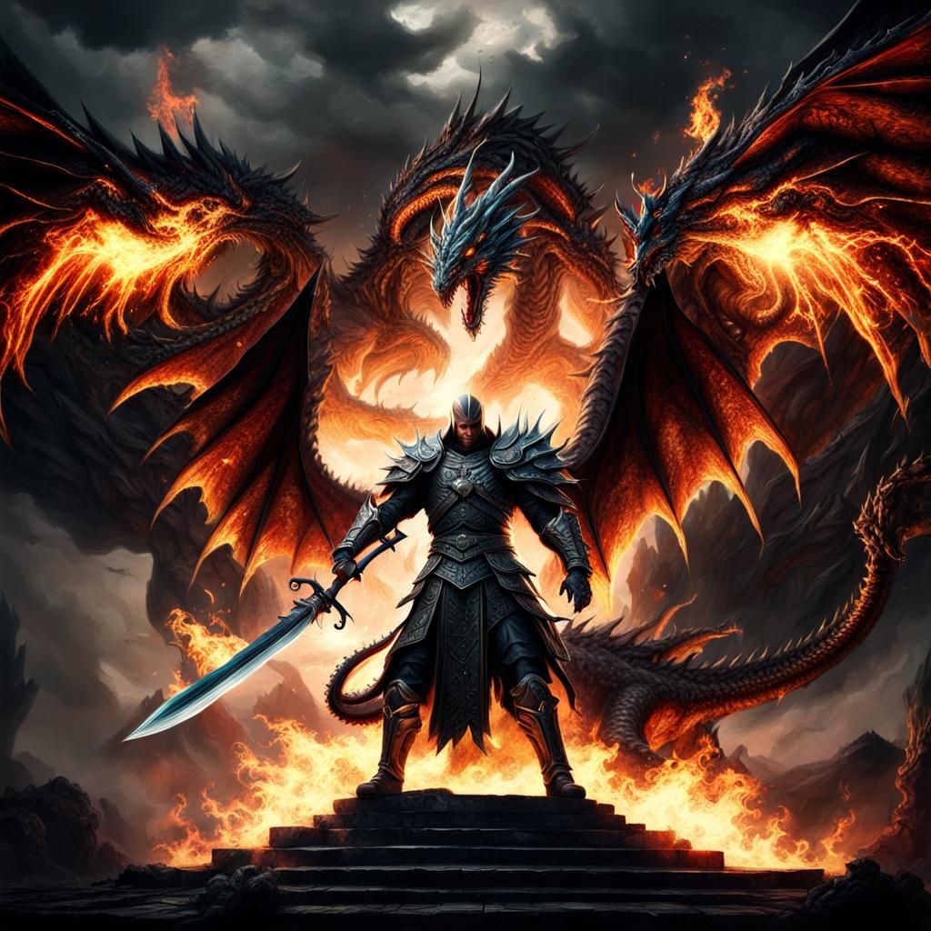 Epic Dragon Confrontation with Winged Warrior