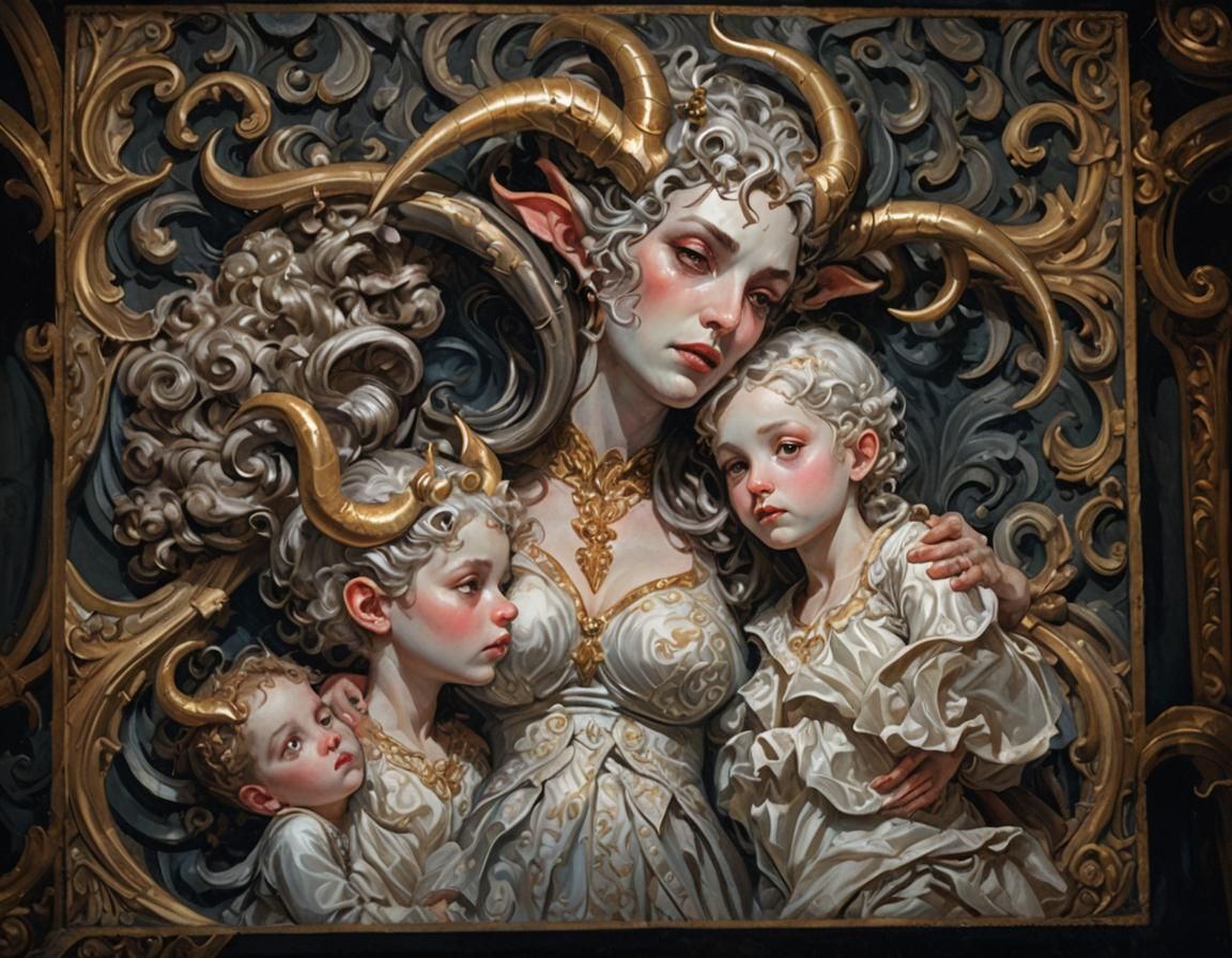 Dark Fantasy: Mother and Children in Ornate Chamber