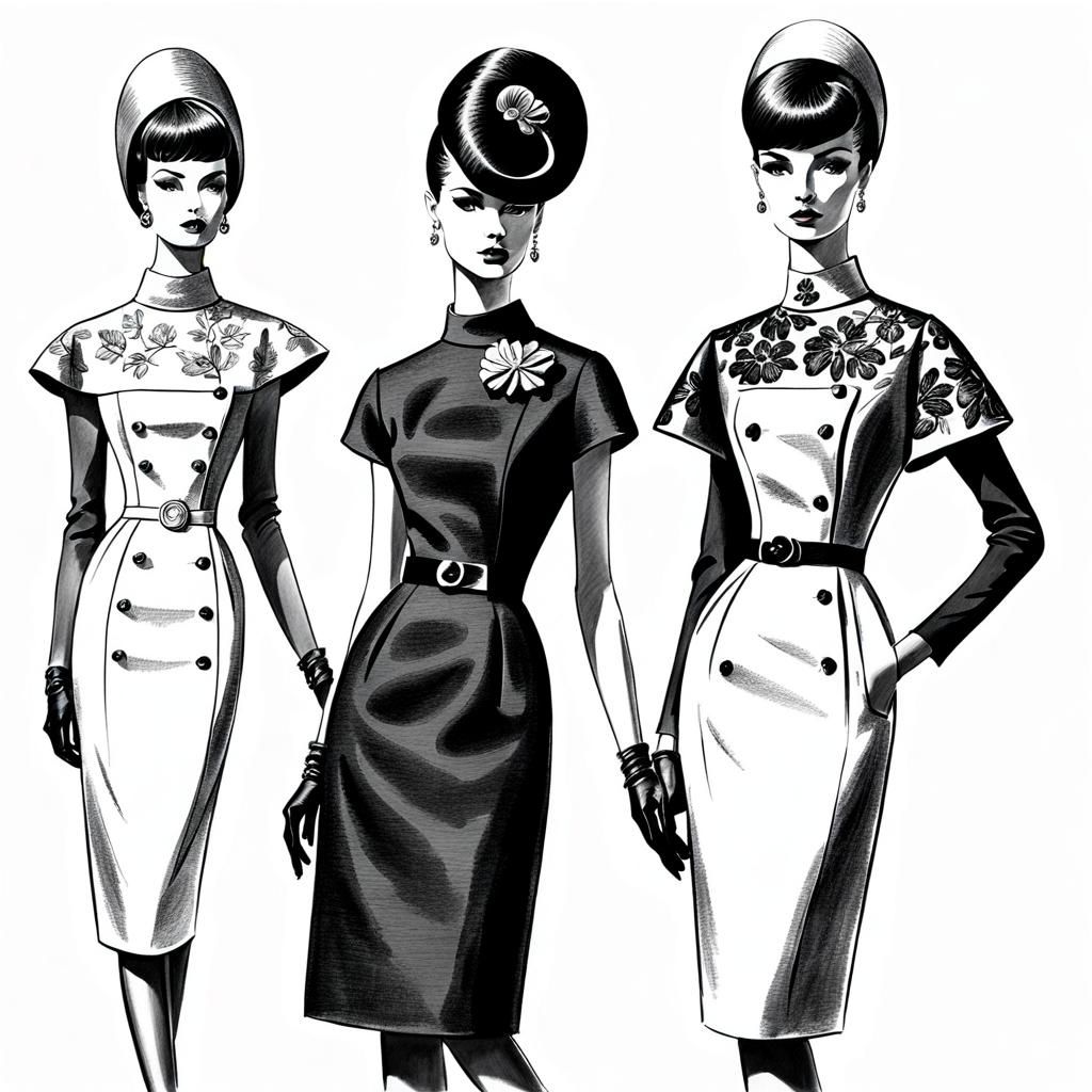 Fashion Design Sketch in 1960s Haute Couture Style