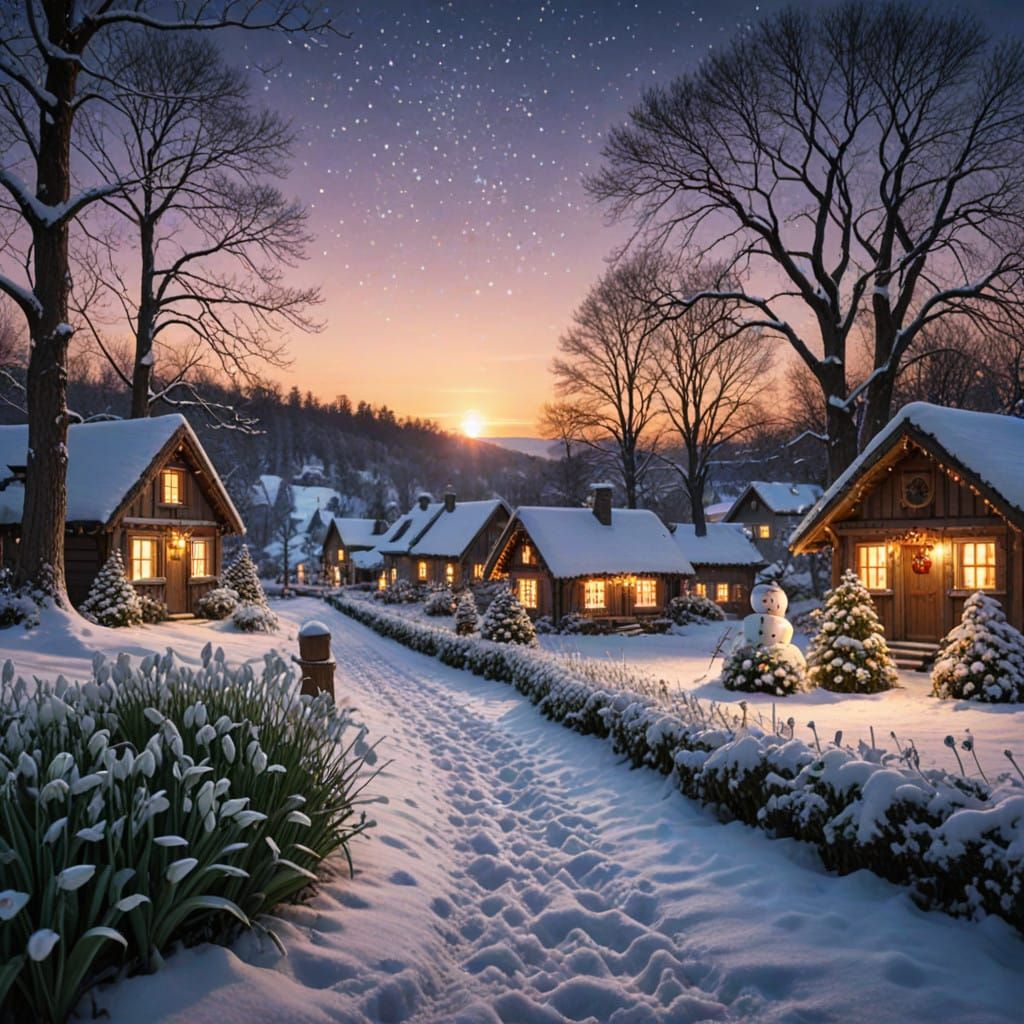 Winter Wonderland Scene with Holiday Lights and Decorations