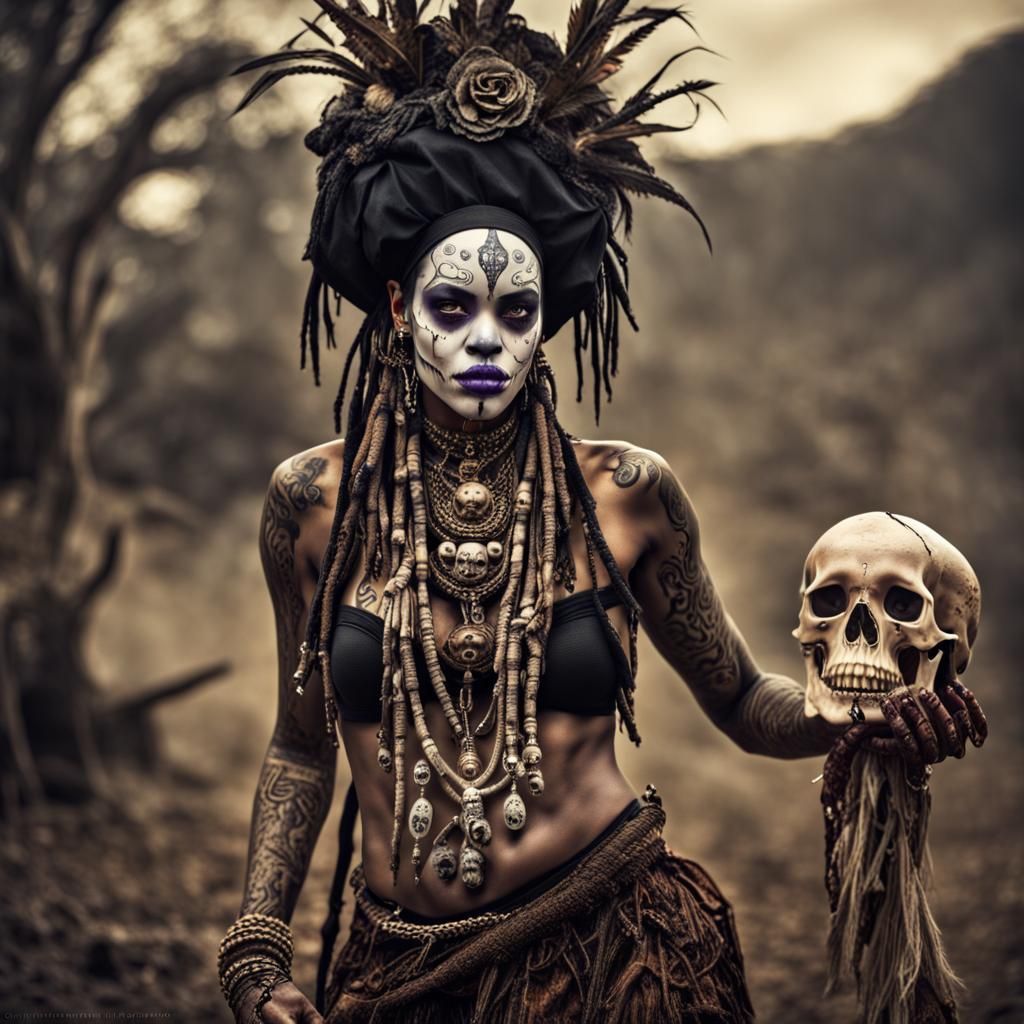 Rhianna as Voodoo Witch Doctor with Skull Makeup
