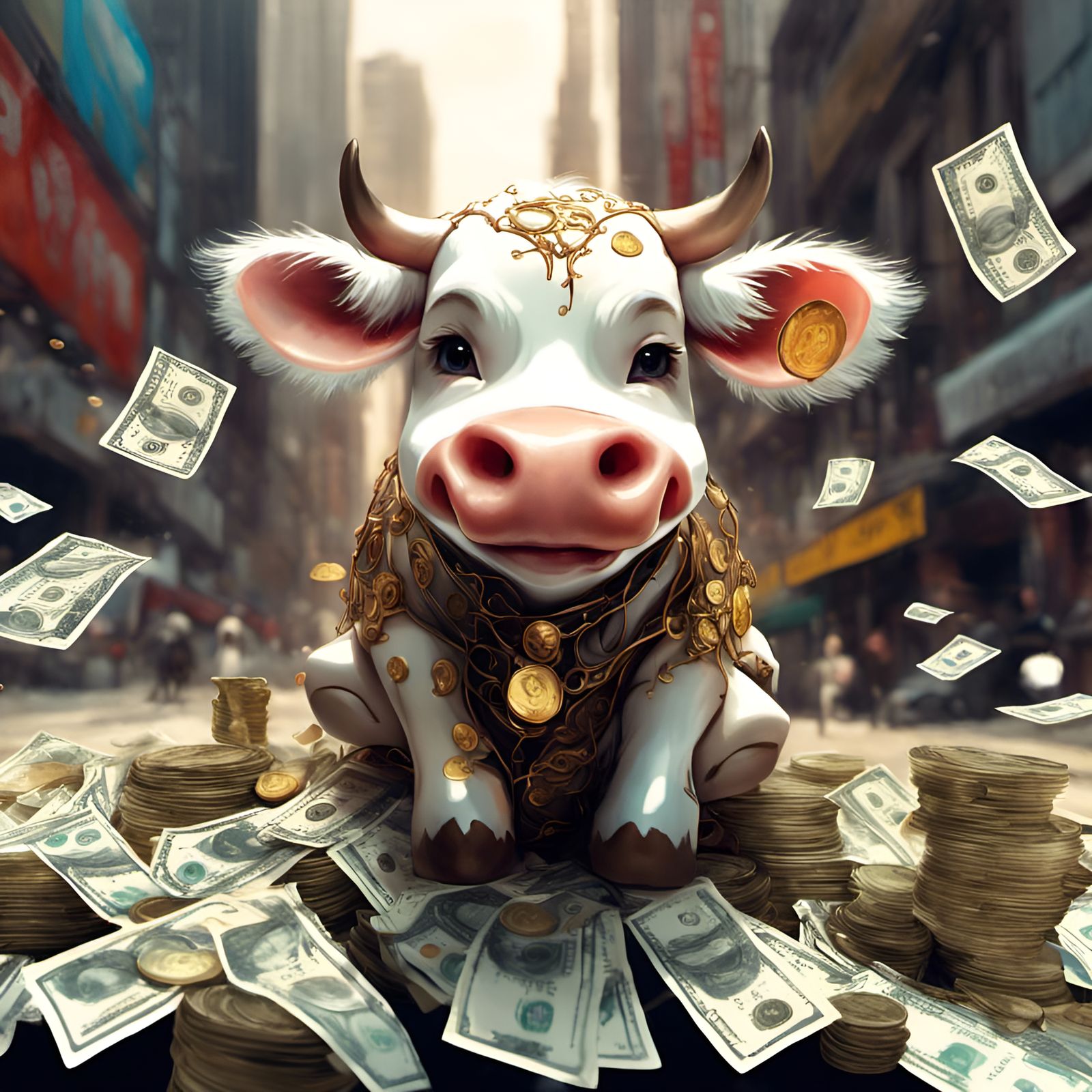 Chibi Cow Surrounded by Money, Detailed 3D Render