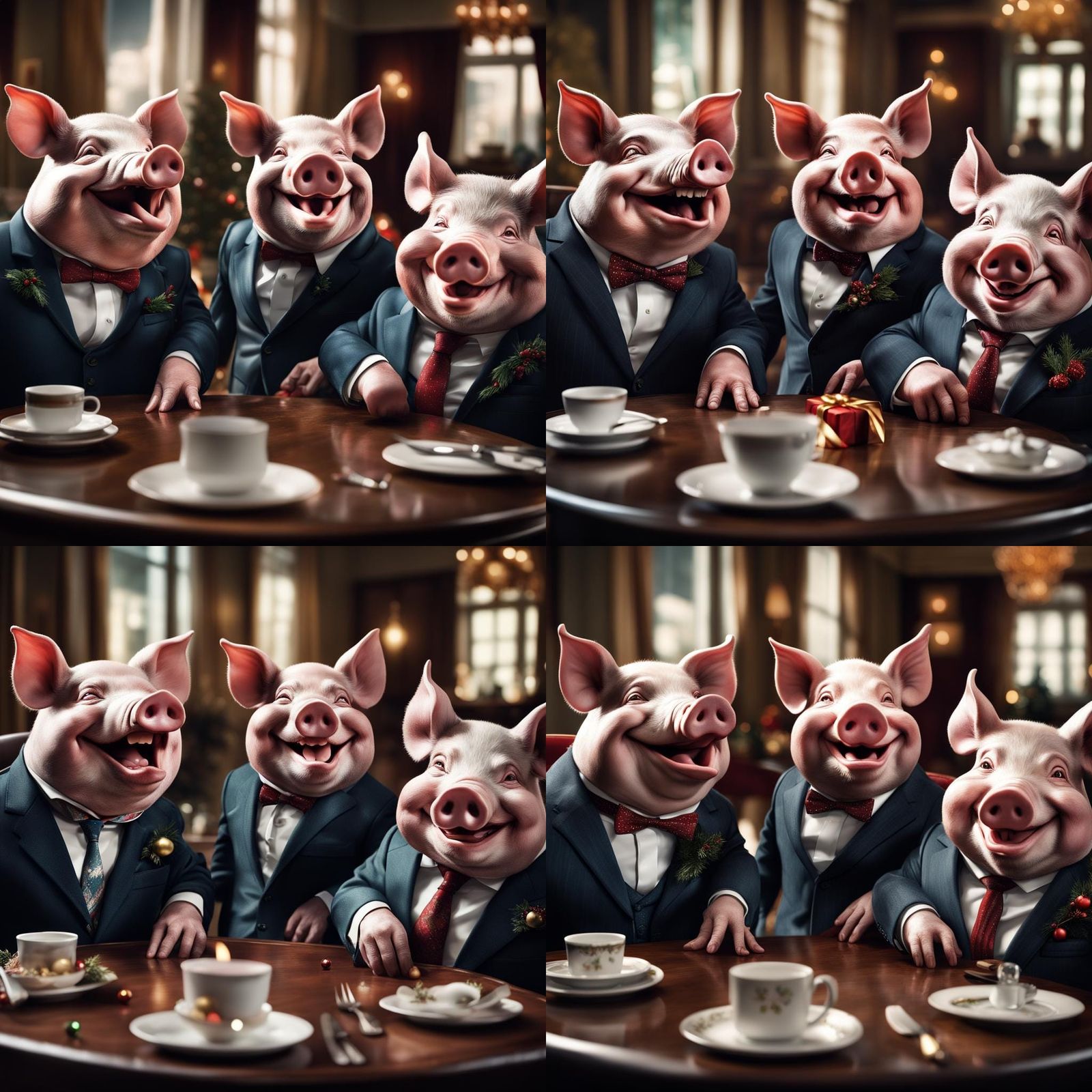 Anthropomorphic Pigs Celebrate Christmas: Hyperrealistic Spl...