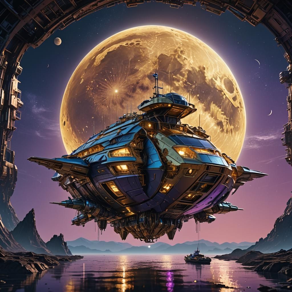 Futuristic Boat Above Golden Moon in Sci-Fi Scene