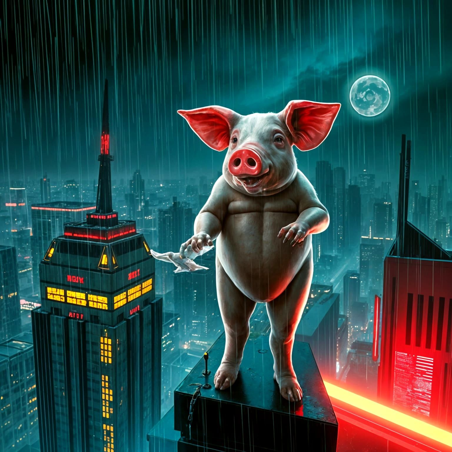 Pig-Man with Dove in Cyberpunk Dystopia